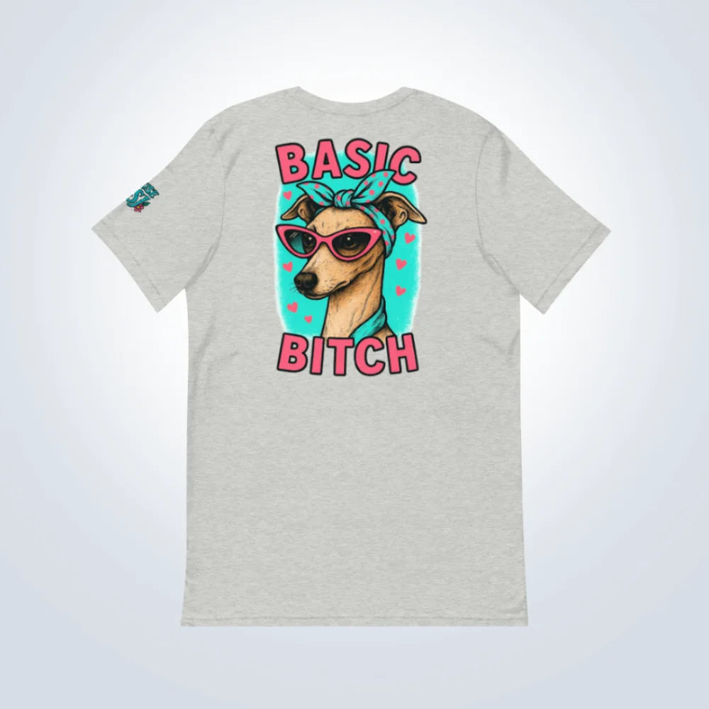 Basic Bitch Italian Greyhound T-Shirt – Grey – Back Flat lay