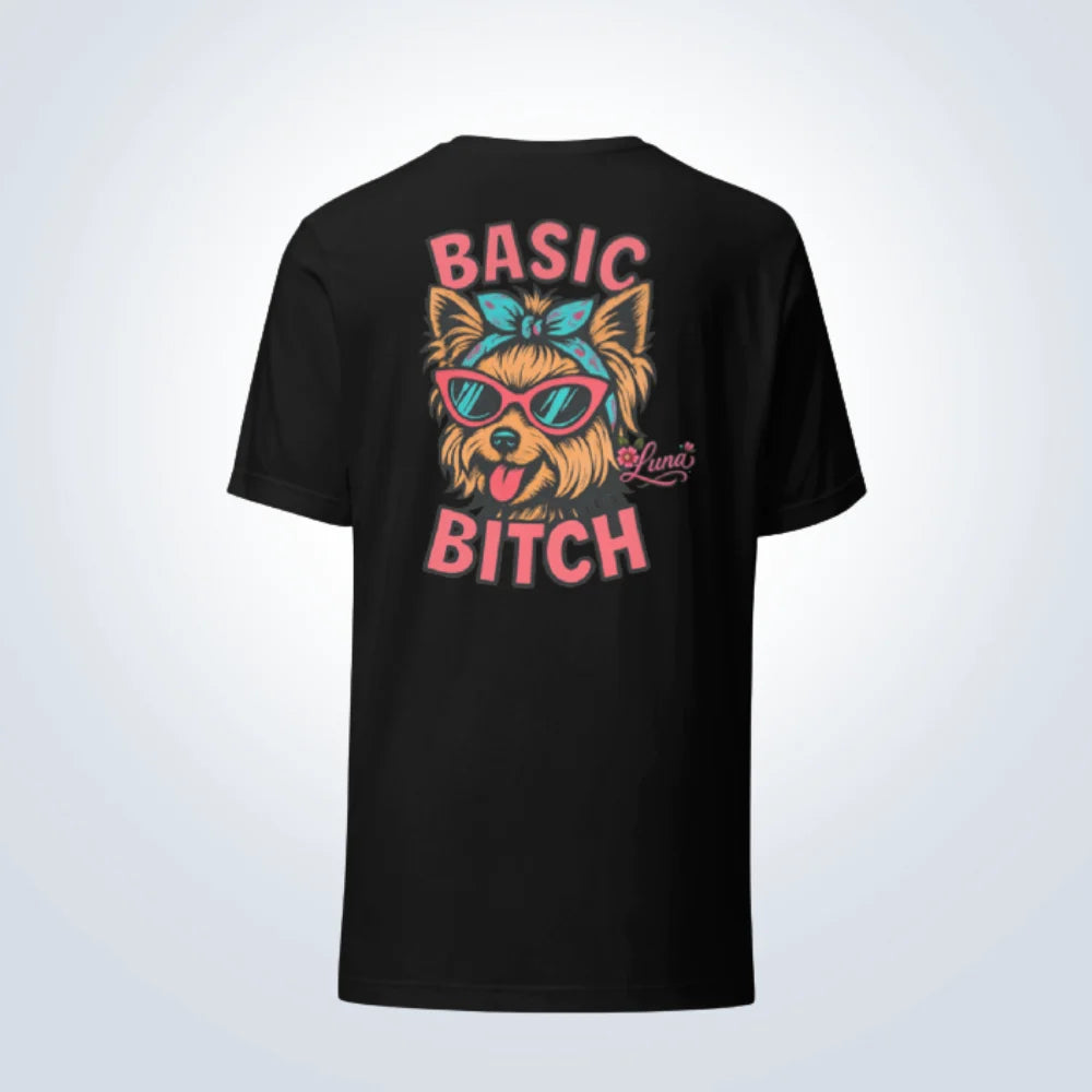 Basic Bitch Yorkshire Terrier Personalised T-Shirt – Black – back View