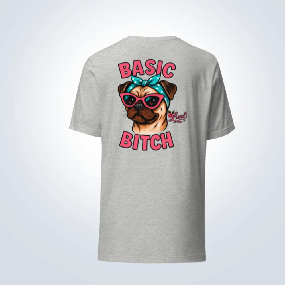 Basic Bitch Pug Personalised T-Shirt – Grey – BackView