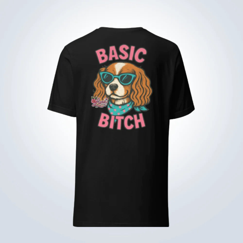 Basic Bitch Cavalier King Charles Spaniel Personalised T-Shirt – Black – Back View