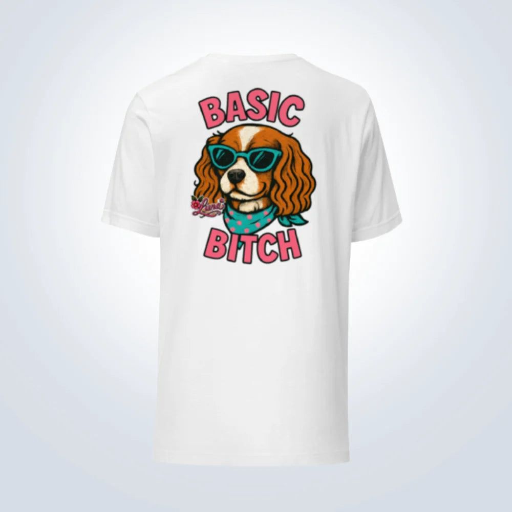 Basic Bitch Cavalier King Charles Spaniel Personalised T-Shirt – White – Back View