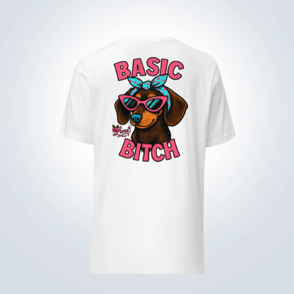 Basic Bitch Dachshund Personalised T-Shirt – White – Back View