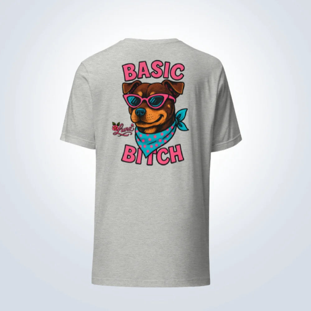 Basic Bitch Staffy Pesonalised T-Shirt – Grey – Back View