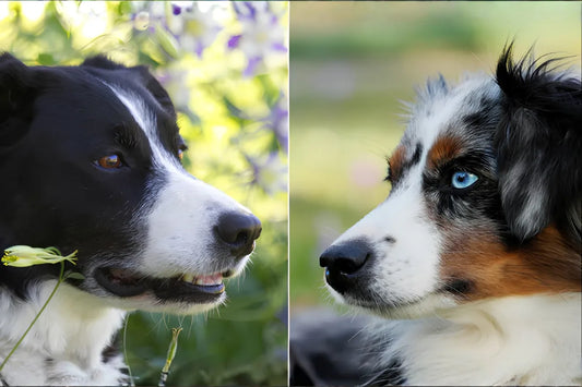 photo - two dogs staring at each other Australian Shepherd vs Border Collie
