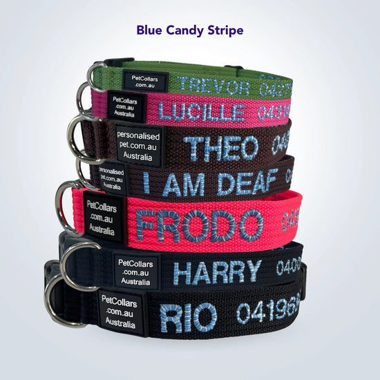 Personalised cat and dog collar – candy stripe embroidery