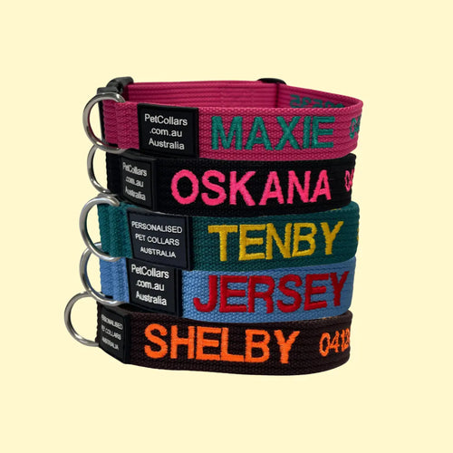 Stack of personalized pet collars with names printed on them against a beige background.