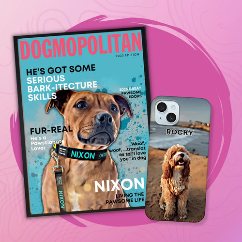 Dog-themed magazine cover with a dog on a pink background