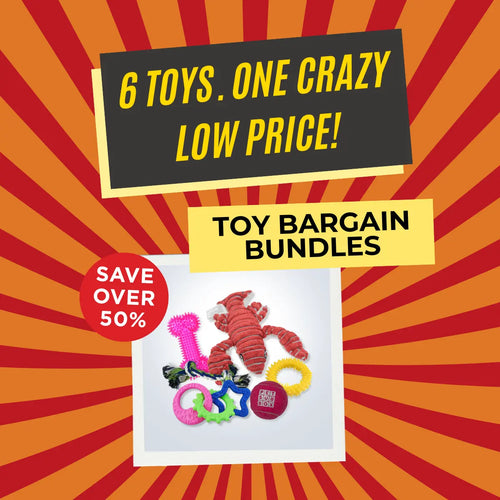Promotional graphic for toy bargain bundles with toys on a red and orange striped background.