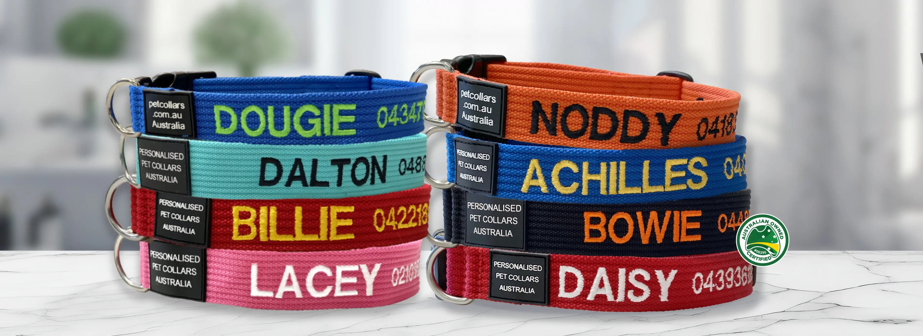 Personalised dog collars with each dog's name and phone number embroidered into the webbing