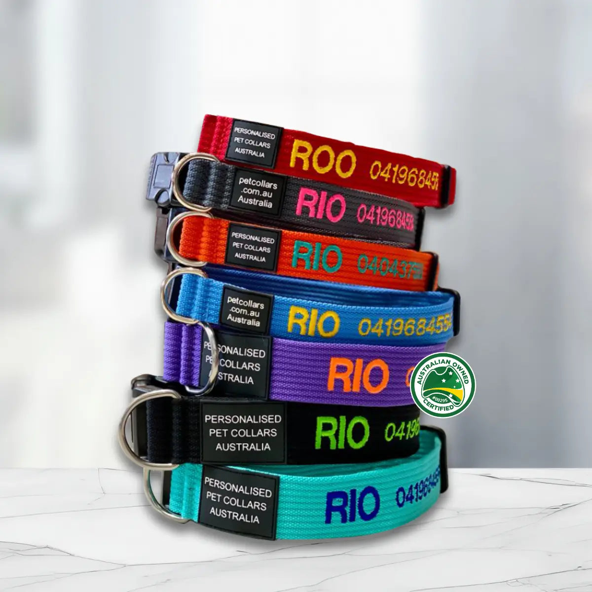 Personalised dog collars with each dog's name and phone number embroidered into the webbing