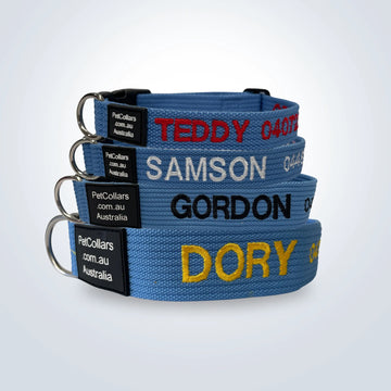 Four custom sky blue pet collars stacked together on a light gray background, each with a black brand label reading PetCollars.com.