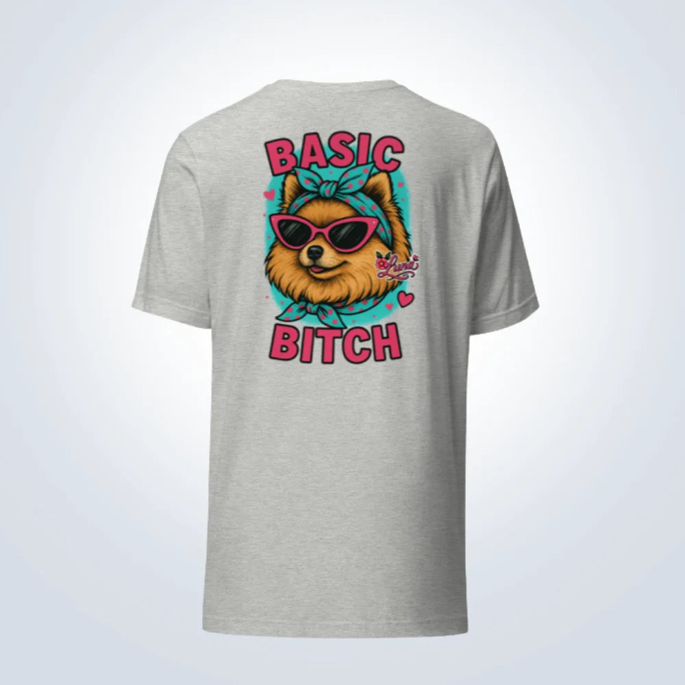 Basic Bitch Pomeranian T-Shirt – Grey – Back View with Name