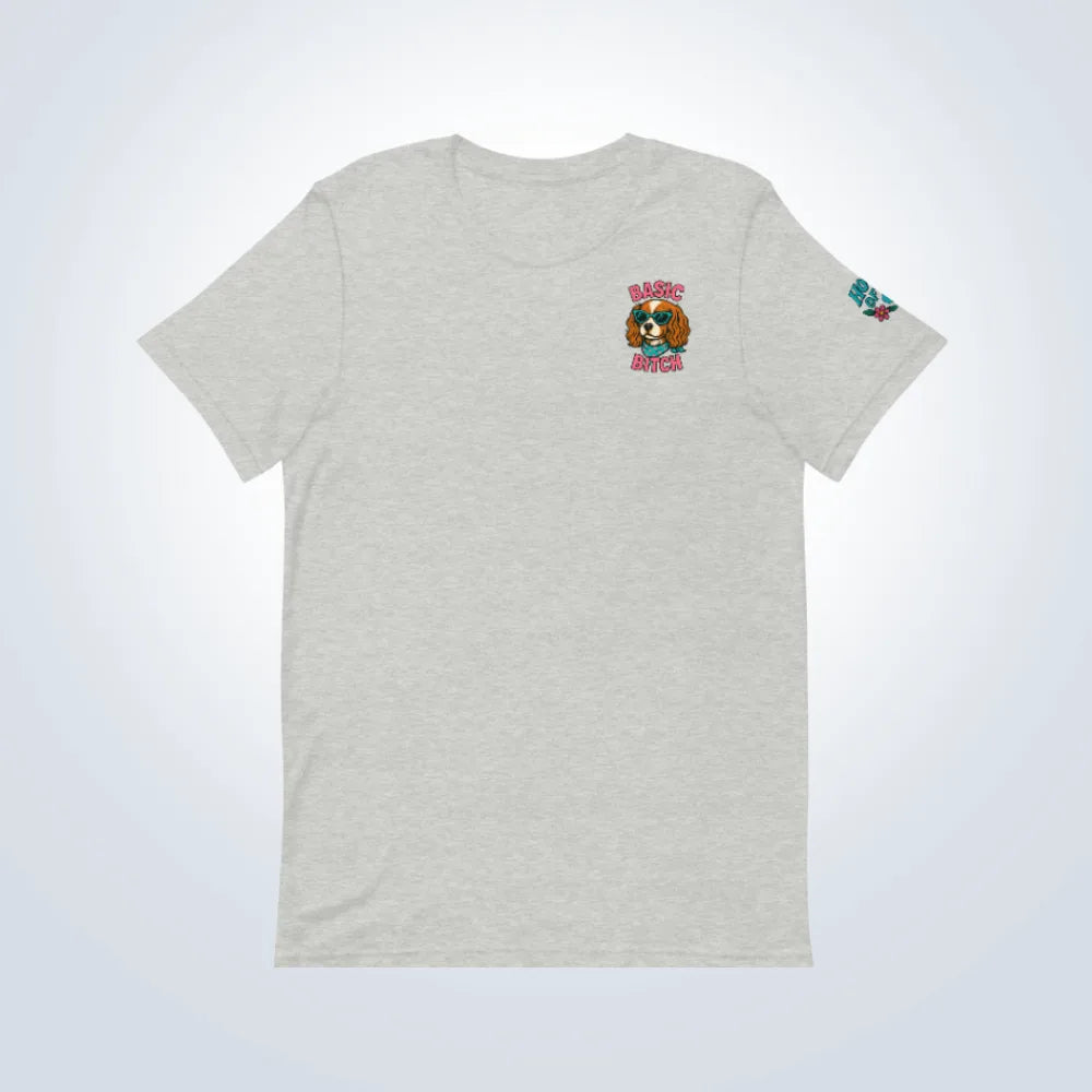 Basic Bitch Cavalier King Charles Spaniel T-Shirt – Grey – Front Flat lay