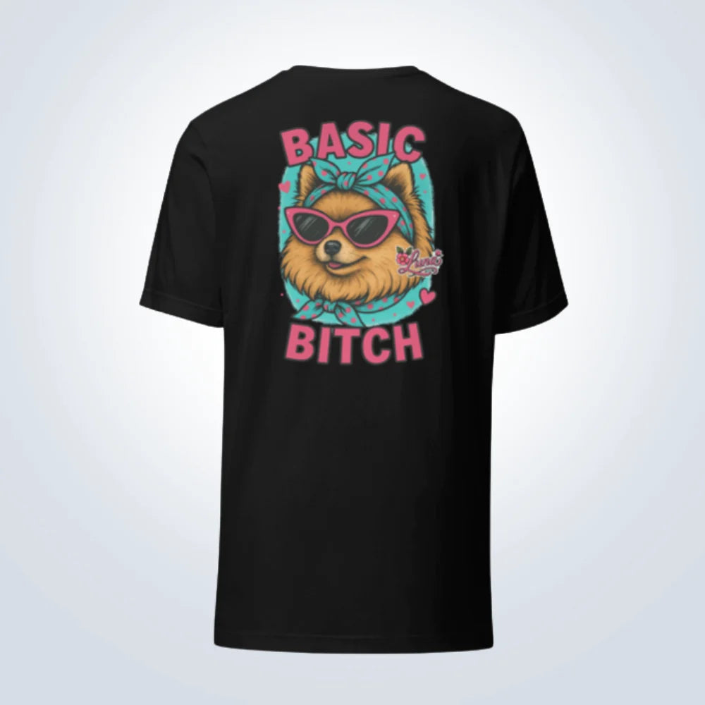 Basic Bitch Pomeranian T-Shirt – Black – Back View with Name