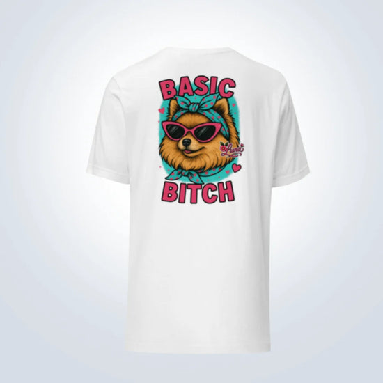 Basic Bitch Pomeranian T-Shirt – White – Back View with Name