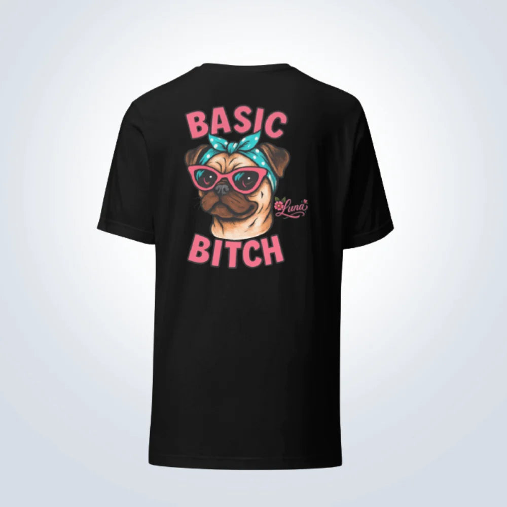 Basic Bitch Pug Personalised T-Shirt – Black – Back View