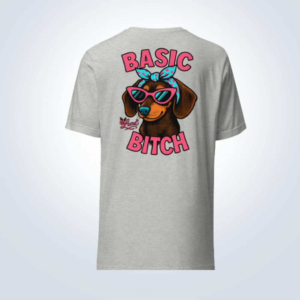 Basic Bitch Dachshund Personalised T-Shirt – Grey – Back View