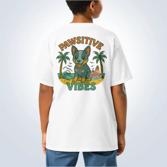 Pawsitive Vibes Blue Heeler T-Shirt – White – Back View with Name
