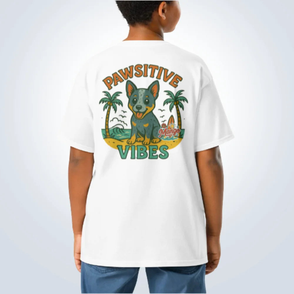Pawsitive Vibes Blue Heeler T-Shirt – White – Back View with Name