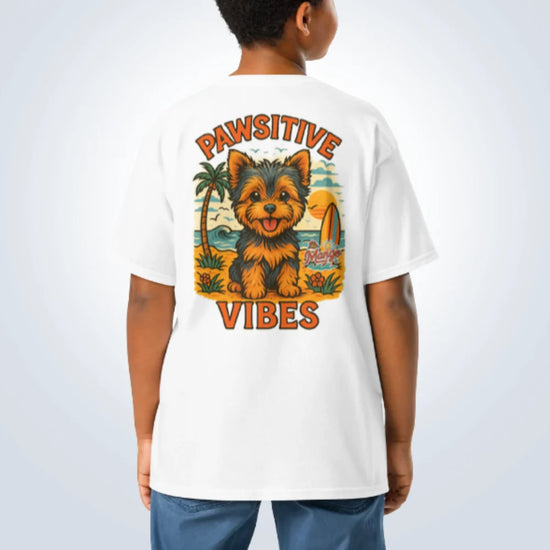 Pawsitive Vibes Yorkshire Terrier T-Shirt – White – Front View with Name