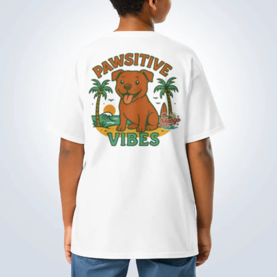 Pawsitive Vibes Staffy T-Shirt – White – Back View with Name
