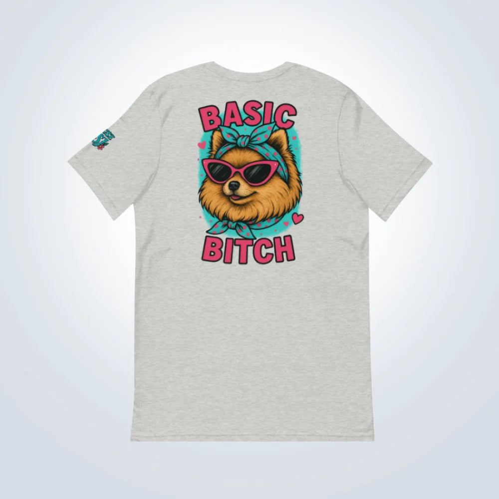 Basic Bitch Pomeranian T-Shirt – Grey – Back Flat lay