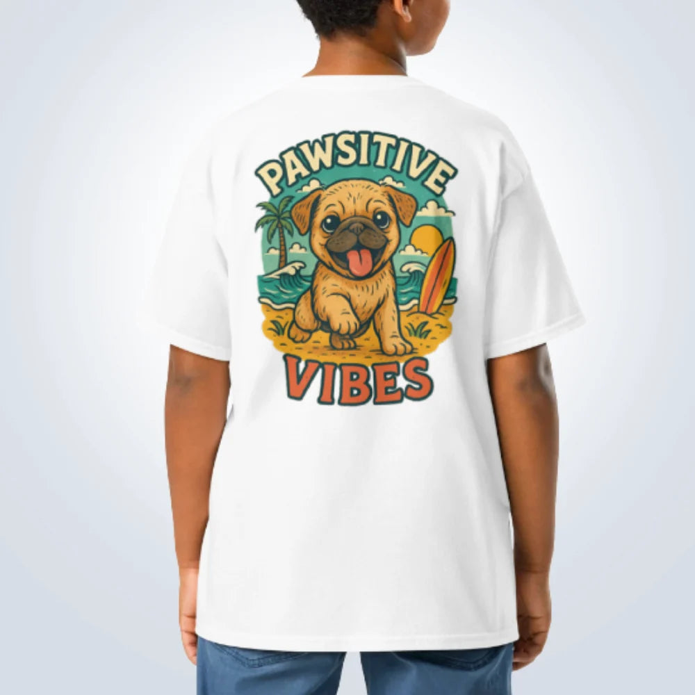Pawsitive Vibes Pug T-Shirt – White – Back View